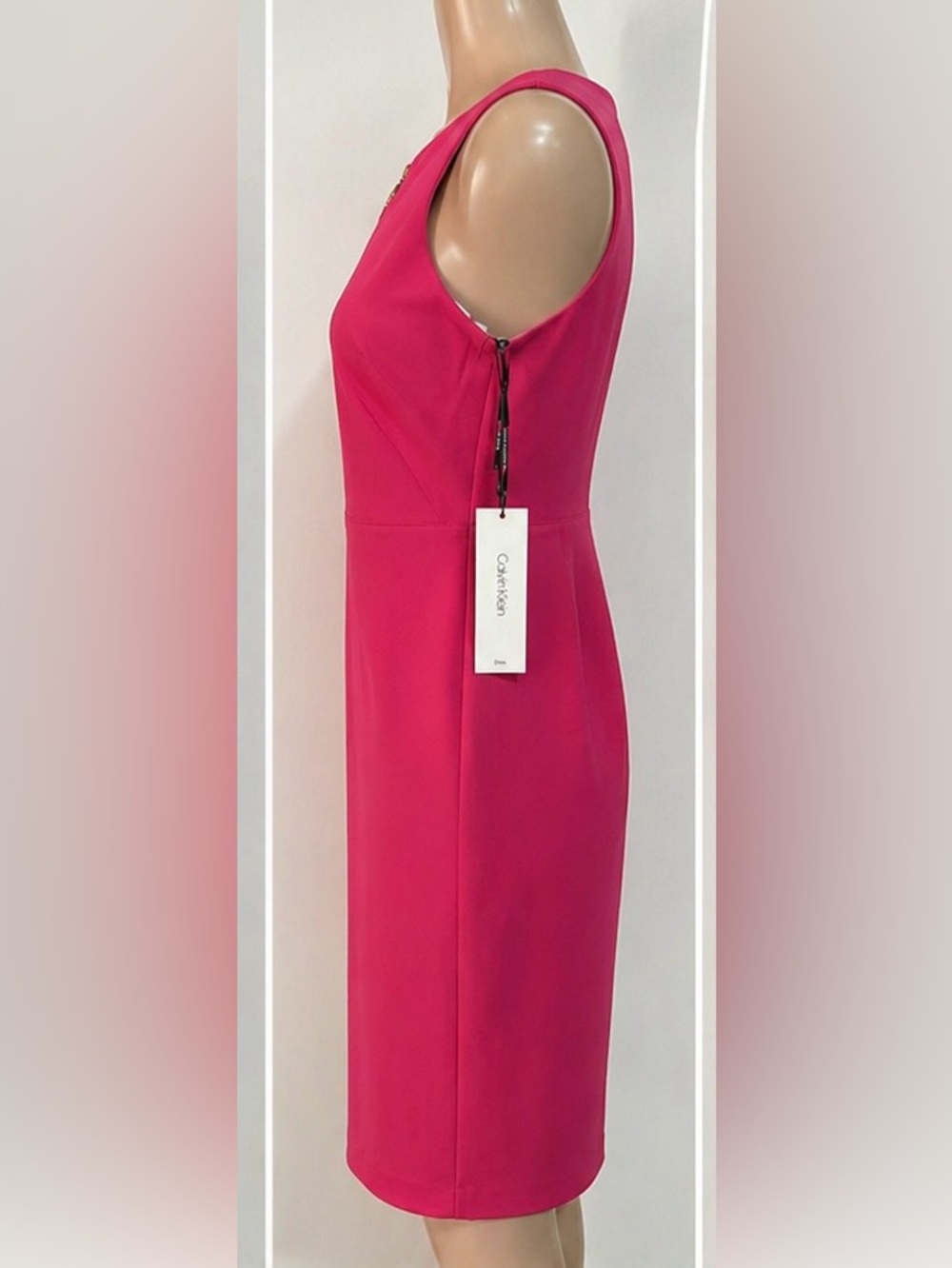 Calvin Klein Hot Pink Midi Sheath Dress with Gold Ring Zip - Picture 3 of 8